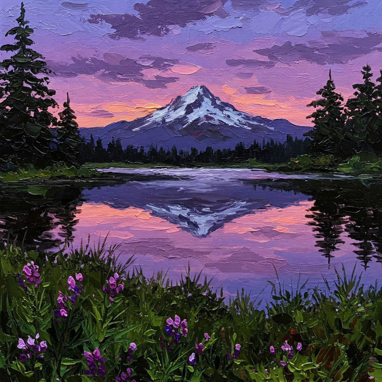 Buy Dusk Mirror Mountain Peak - Impressionist Landscape Painting