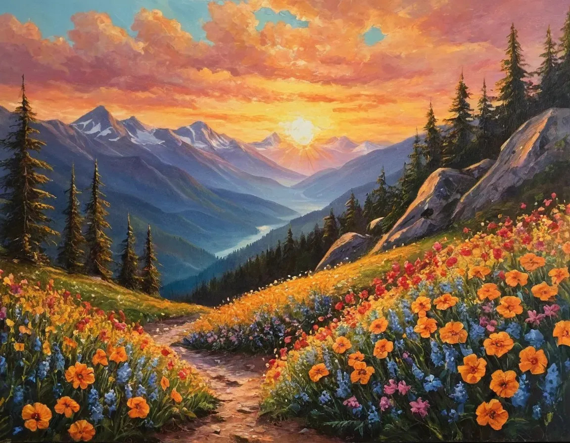 Buy Heaven View Sunrise Mountains With Flowers All Around In