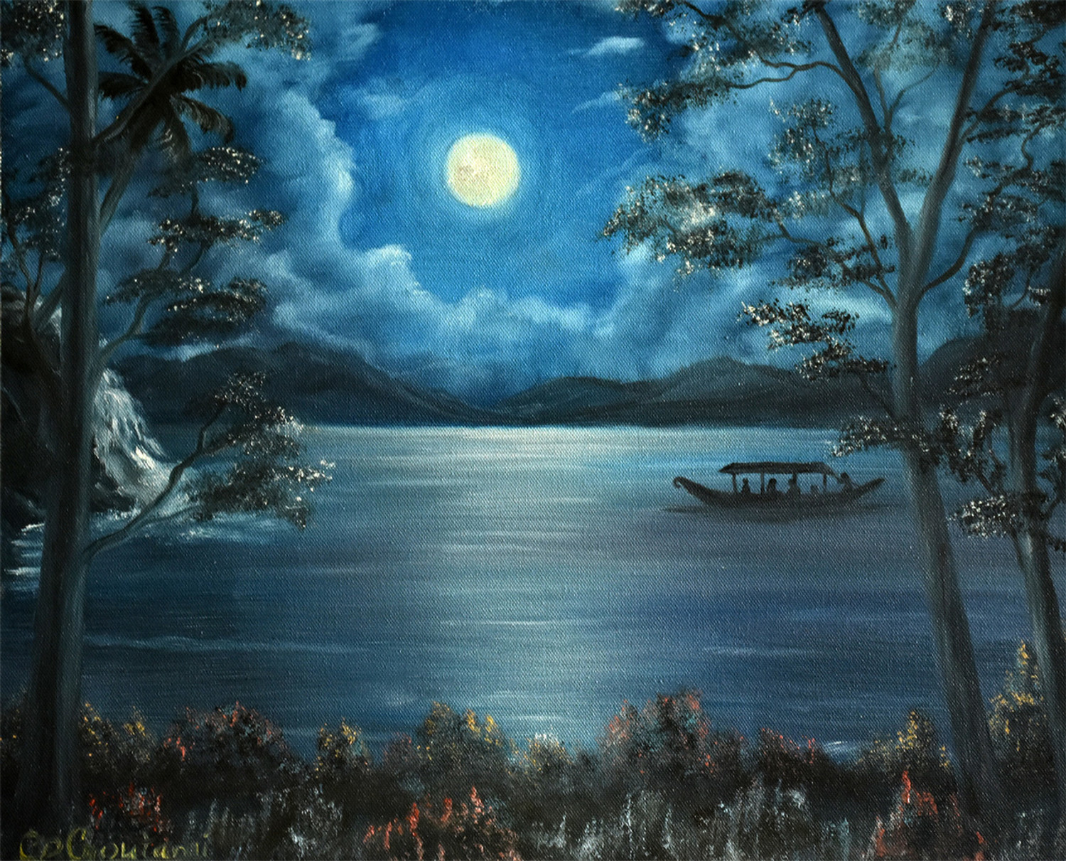 Buy Boating in full moon Handmade Painting by GOUTAMI MISHRA. Code