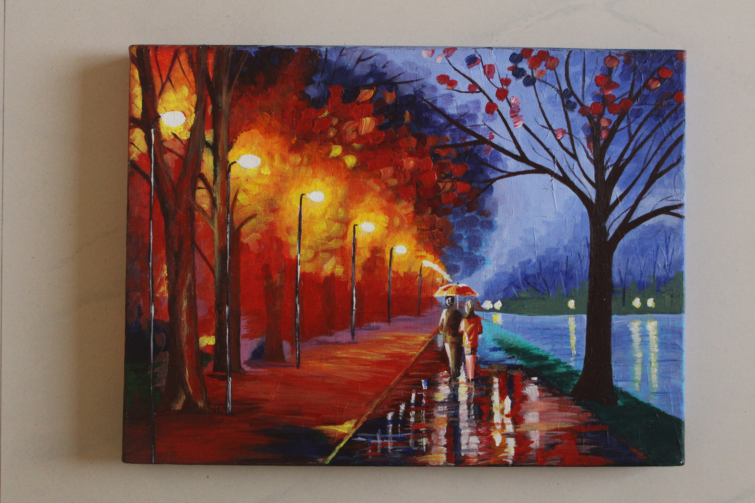 Buy Couple walking in rain textured oil painting Handmade Painting