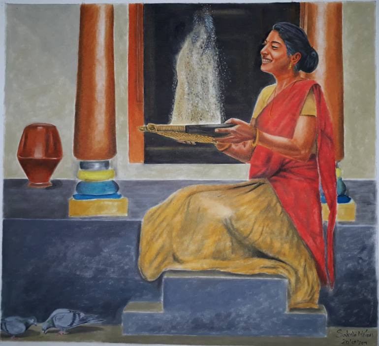 buy-indian-village-lady-cleaning-rice-realism-cultural-traditional
