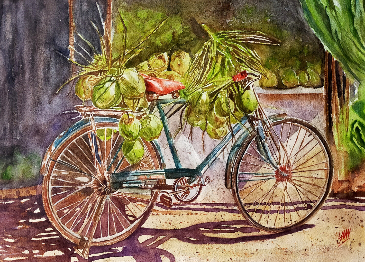Buy Old Cycle In Coconut Shop Watercolor, Realism, Rustic