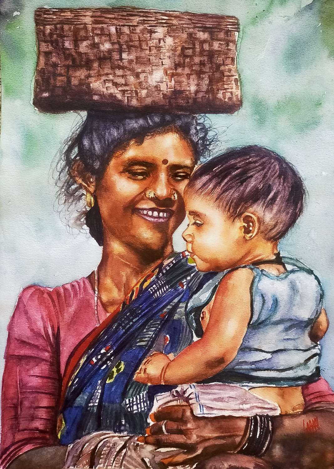 indian mother and child abstract painting