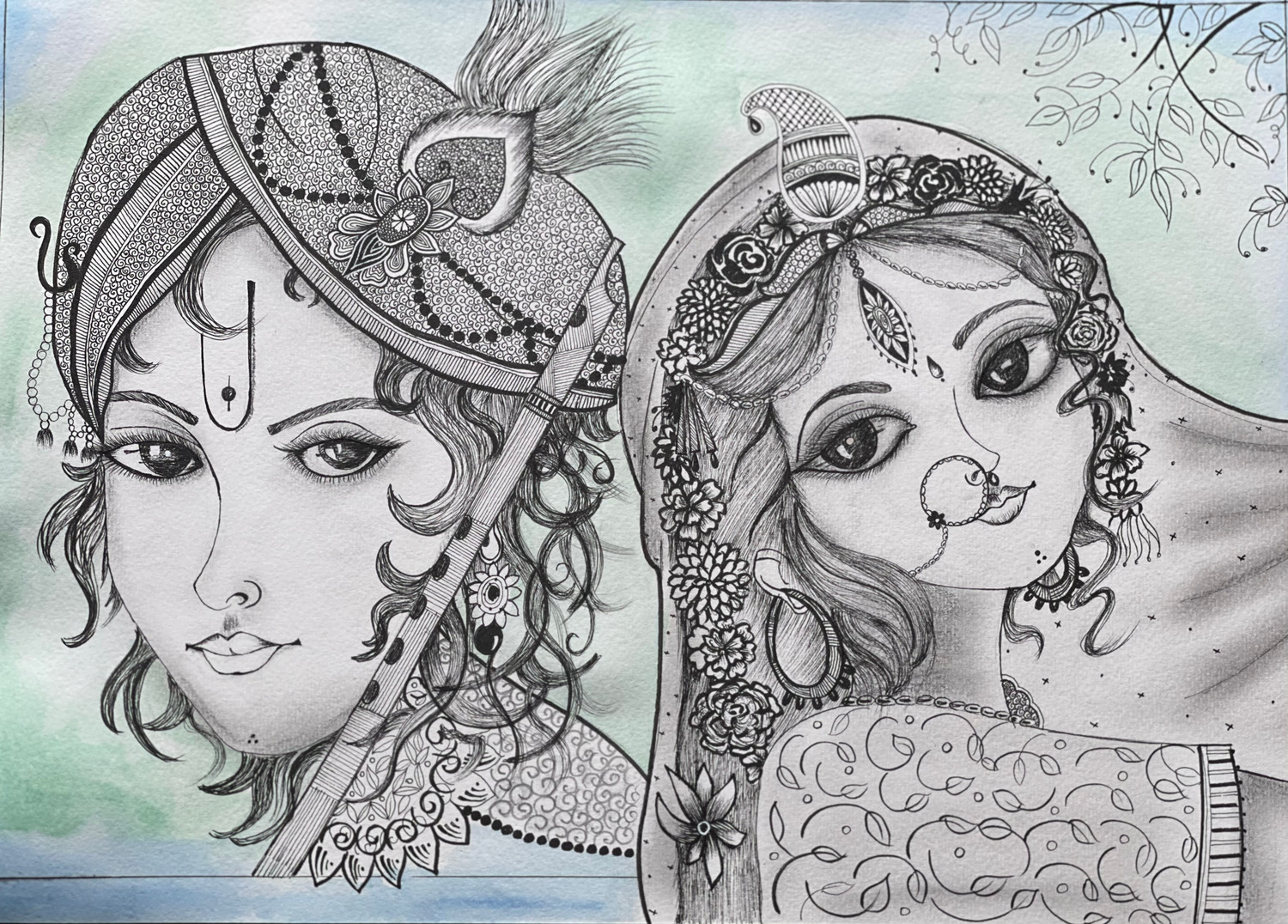 Radhe Krishna - Pen and Ink on Paper - 8.27 x 11.69 inch - crafttatva.com