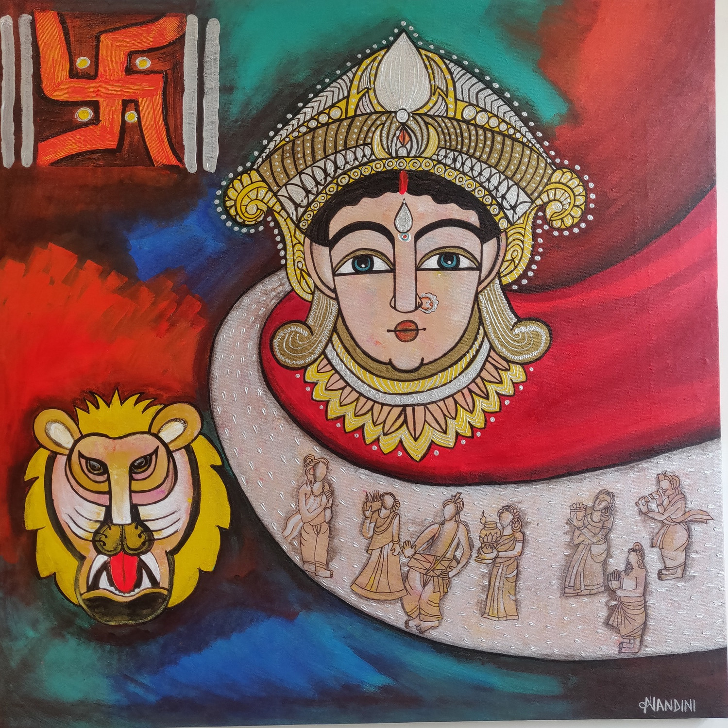 Buy Maa Durga Ki Bhakti (ART_5103_61148) - Handpainted Art Painting - 38 in  X 38in Handmade Painting by Nandini Verma. Code:ART_5103_61148 - Paintings  for Sale online in India.