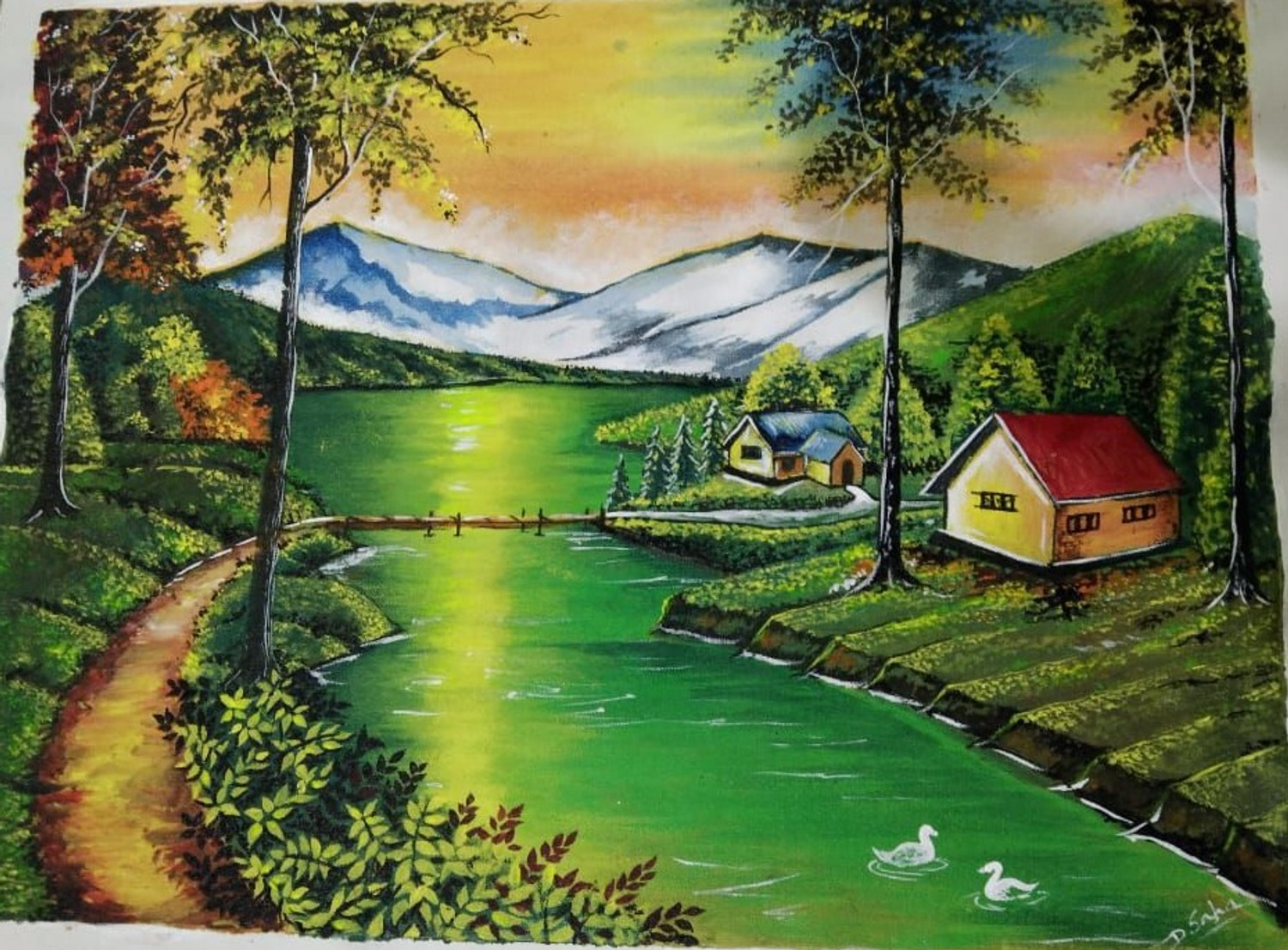 Scenery of Huts with Love of Spring Stock Illustration - Illustration of  nature, mountains: 121142998
