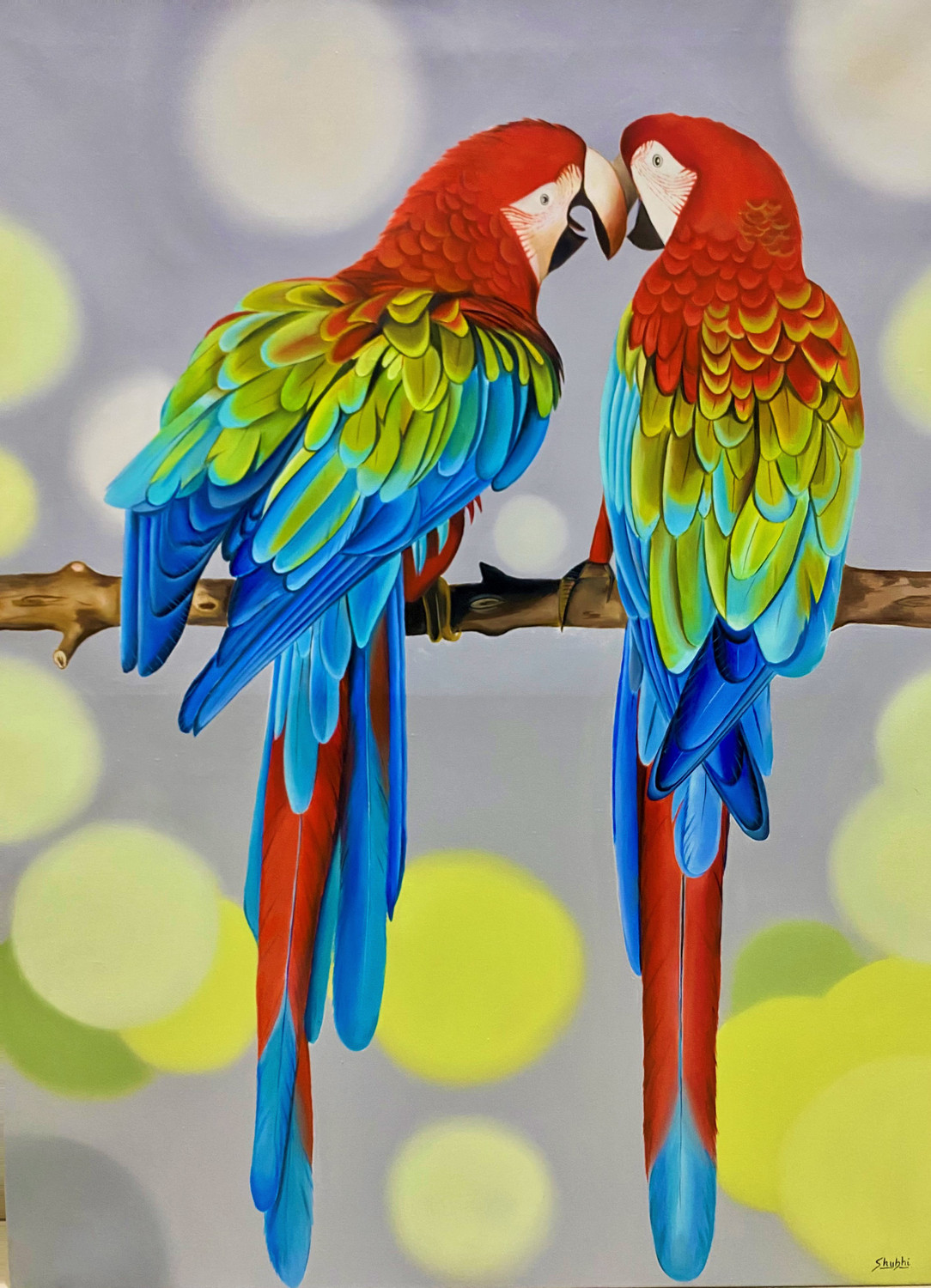 Pair Of Macaw Parrot Vibrant Macaw Parrots On Branch Realism, Nature  Handmade Painting