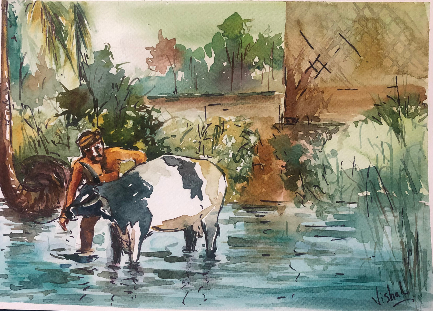 Village Scenery, Drawing by Krishna Art Gallery | Artmajeur