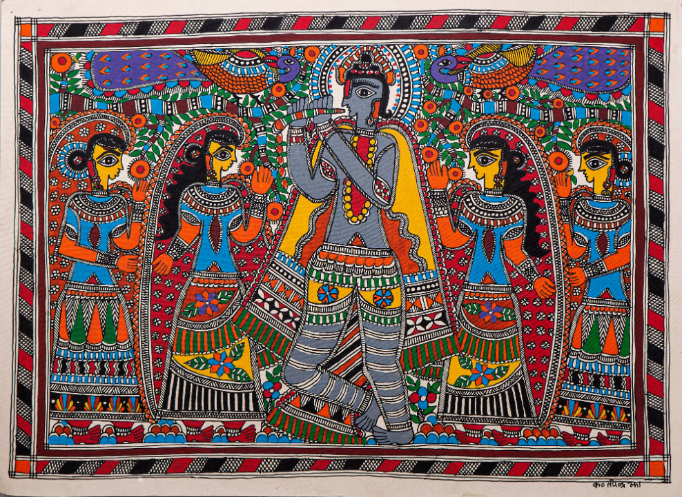 Buy Madhubani Krishna Playing Flute Handmade Painting by COMMUNITY ...