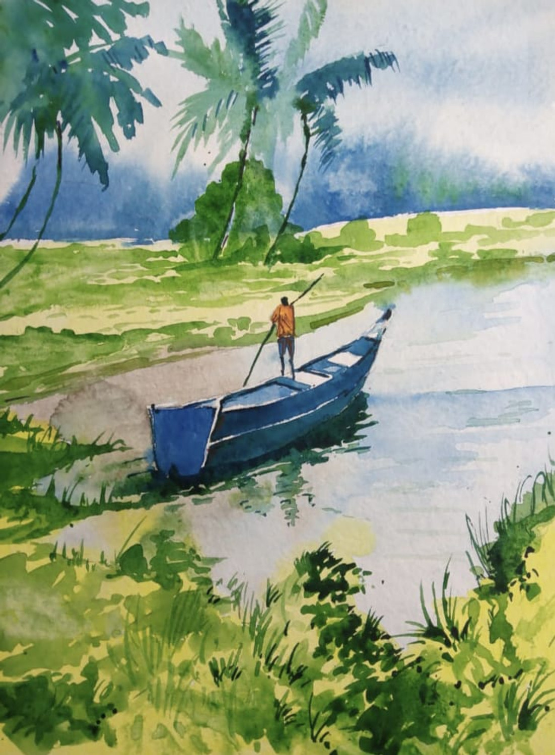 Buy River Boat Handmade Painting by SHIPRA AGARWAL. Code