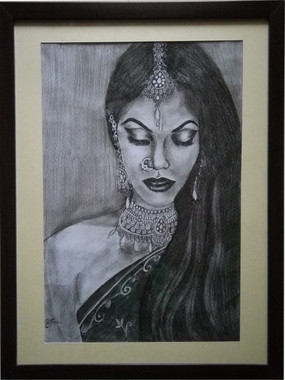 Potrait, Rajasthani lady, Charcoal painting, bride,LADY WITH BRIDAL JEWELRY,ART_1455_11976,Artist : SNEHA SNEHA,Charcoal