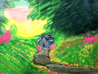 Colorful scene Nestled Cabin art240705 (ART_1456_12161) - Handpainted Art Painting - 22in X 15in