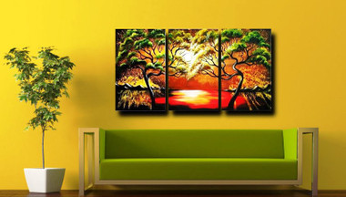 Trees at Sunset - Handpainted Art Painting - 60in X 30in (20in X 30in X 3pc)