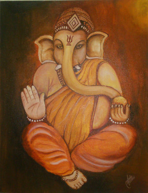 Lord Ganesha (ART_2979_20635) - Handpainted Art Painting - 16in X 20in