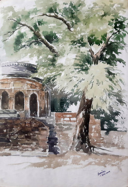 Qutub Minar (ART_7344_47123) - Handpainted Art Painting - 14in X 22in