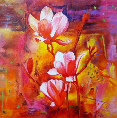 Pink Blossoms - Handpainted Art Painting - 32in X 32in