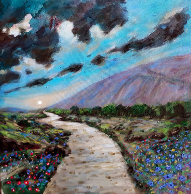 Morning Walk With Rising Sun (Landscape) (ART_5244_56055) - Handpainted Art Painting - 18in X 18in