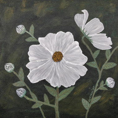 Cosmic White Flowers (ART_7442_50190) - Handpainted Art Painting - 15in X 14in