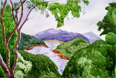 Lake and mountains (ART_8273_60277) - Handpainted Art Painting - 21in X 13in
