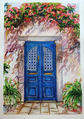The Intricate Blue Door (ART_7989_61809) - Handpainted Art Painting - 8in X 11in