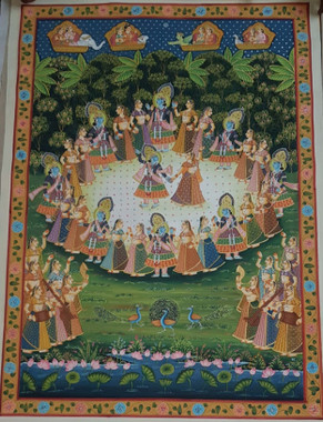 Krishna Rass Leela Painting- Handmade Art- Lord Krishna Painting (ART_7555_68050) - Handpainted Art Painting - 36in X 48in