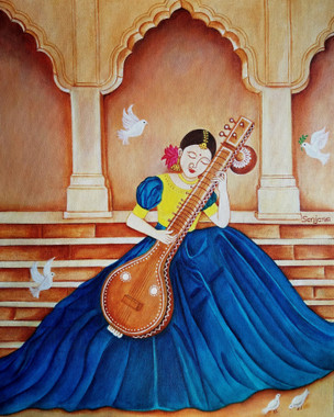 Saraswati (ART_8714_73487) - Handpainted Art Painting - 14in X 16in