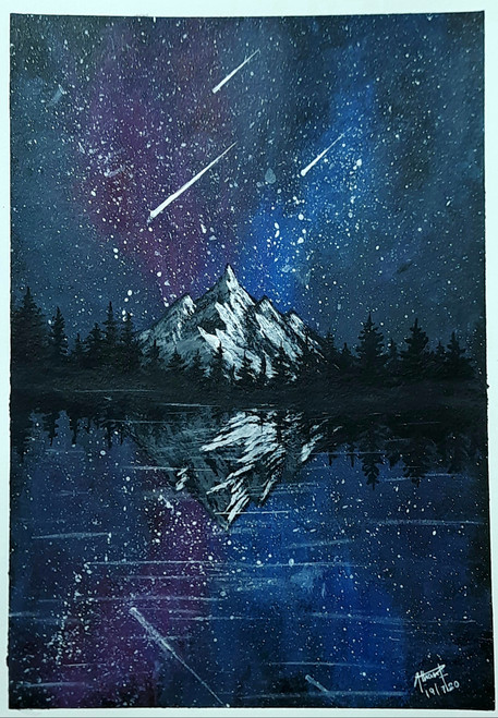 Snowy Mountains under Galaxy Sky (ART_7665_50618) - Handpainted Art Painting - 6in X 9in Snowy Mountains under Galaxy Sky (ART_7665_50618) - Handpainted Art Painting - 6in X 9in