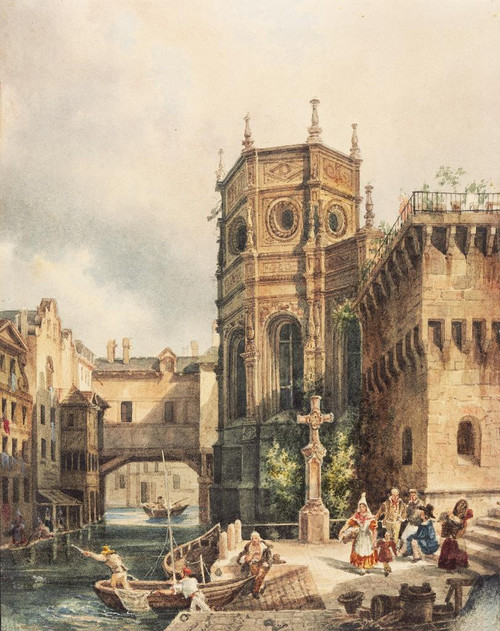Scene On A Canal By Hippolyte Jean Baptiste Garnerey (PRT_6876) - Canvas Art Print - 25in X 31in Scene On A Canal By Hippolyte Jean Baptiste Garnerey (PRT_6876) - Canvas Art Print - 25in X 31in