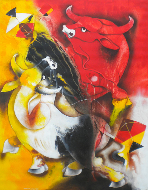 Bull and kite (ART_1770_55388) - Handpainted Art Painting - 36in X 48in Bull and kite (ART_1770_55388) - Handpainted Art Painting - 36in X 48in