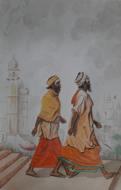 Sadhus at Varanasi Ghat (ART_7573_54996) - Handpainted Art Painting - 11in X 17in Sadhus at Varanasi Ghat (ART_7573_54996) - Handpainted Art Painting - 11in X 17in