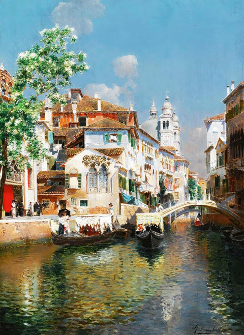 Gondolas On A Venetian Canal, Santa Maria Della Salute In The Distance By Rubens Santoro (PRT_9611) - Canvas Art Print - 20in X 27in Gondolas On A Venetian Canal, Santa Maria Della Salute In The Distance By Rubens Santoro (PRT_9611) - Canvas Art Print - 20in X 27in