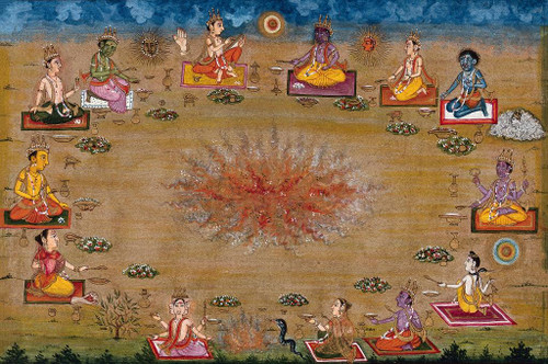 Thirteen Different Gods Perform A Yagna, A Fire Sacrifice, An Old Vedic Ritual Where Offerings Are Made To The God Of Fire, Agni (PRT_10931) - Canvas Art Print - 20in X 13in Thirteen Different Gods Perform A Yagna, A Fire Sacrifice, An Old Vedic Ritual Where Offerings Are Made To The God Of Fire, Agni (PRT_10931) - Canvas Art Print - 20in X 13in