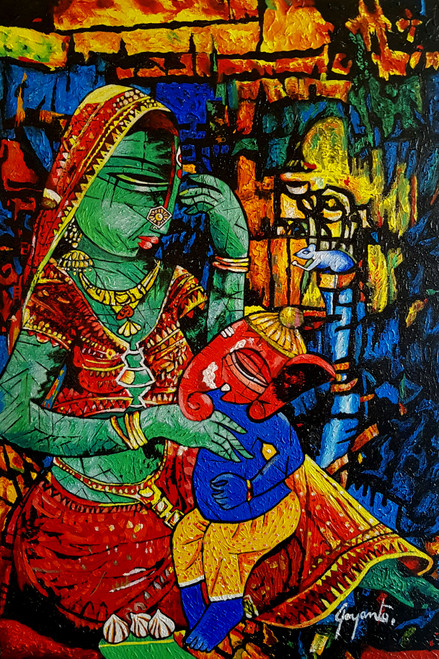 MA DURGA WITH HIS SON GANESHA THE WISDOM OF PEACE (ART_8540_66038) - Handpainted Art Painting - 20in X 30in MA DURGA WITH HIS SON GANESHA THE WISDOM OF PEACE (ART_8540_66038) - Handpainted Art Painting - 20in X 30in