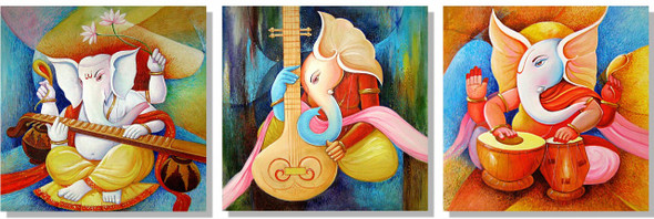 Ganesha with Music Instruments  - 72in x 24in (24in x 24in x 3pcs.),VKS_MHL_2_7224,Acrylic Colors, Museum Quality,Ganesha,Ganapati,Bappa - 100% Handpainted Buy Painting Online in India.