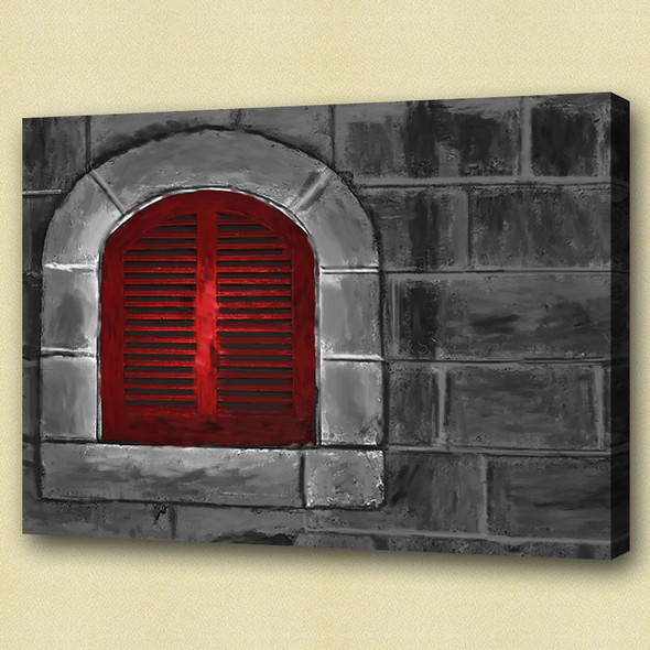 window, open window, red window, stone wall, wall