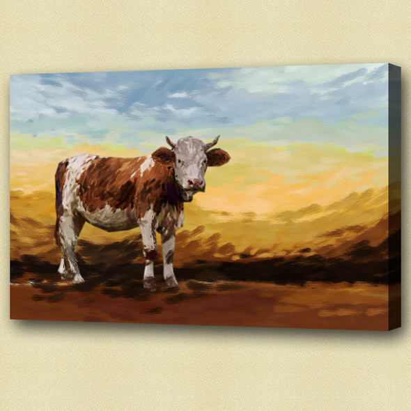 Brown Cow On The Farm - Handpainted Art Painting - 30in X 20in