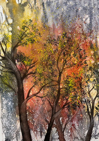 Trees under Shadow (ART_8841_75010) - Handpainted Art Painting - 8in X 11in