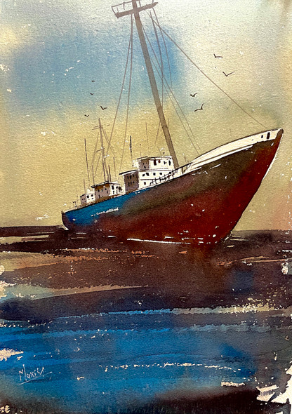 Big Boat (ART_8987_74946) - Handpainted Art Painting - 10in X 14in