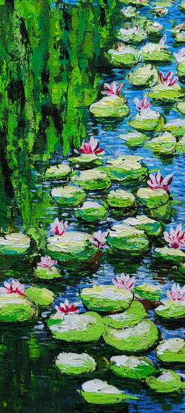 The Serene Pond - Abstract Lotus flowers in a pond  (ART_9037_75154) - Handpainted Art Painting - 11in X 21in