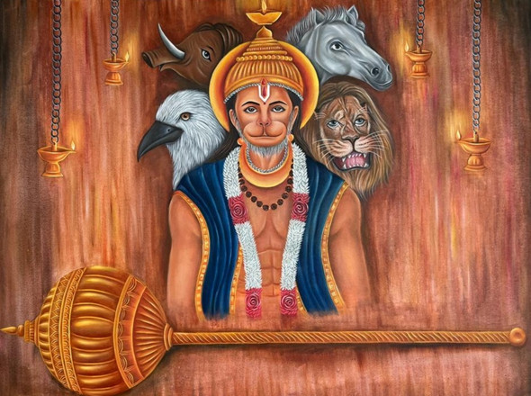 Panchrupi hanuman jii  (ART_9052_75230) - Handpainted Art Painting - 48in X 36in