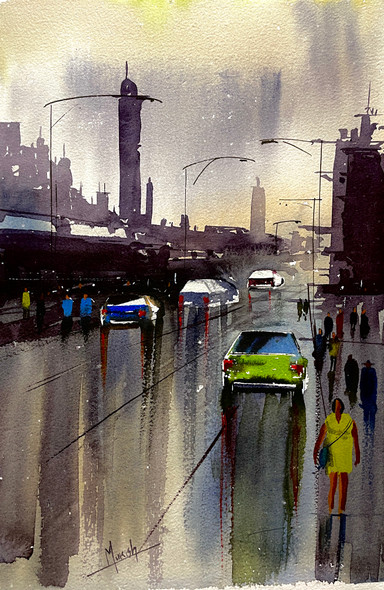 Wet Cityscape (ART_8987_75320) - Handpainted Art Painting - 10in X 14in