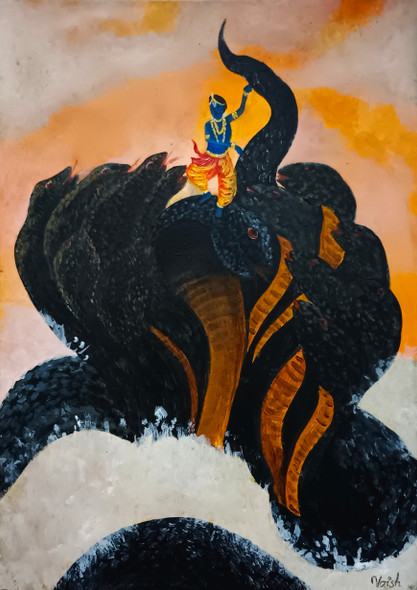 Lord Krishna on Kalinga (ART_7602_75311) - Handpainted Art Painting - 8in X 11in