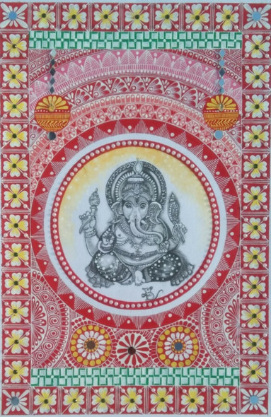 Ganesha with Aipan Art (ART_9054_75256) - Handpainted Art Painting - 11in X 16in