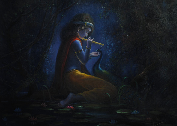 His Personal Moments - Krishna (ART_1246_66696) - Handpainted Art Painting - 36in X 24in