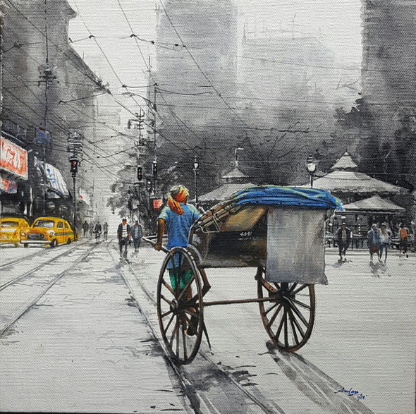 Kolkata Rickshaw (ART_8302_60688) - Handpainted Art Painting - 24in X 20in