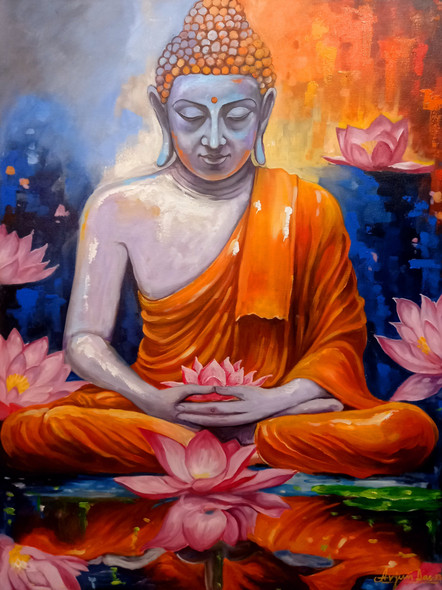 Buddha On Meditation (ART_82_75544) - Handpainted Art Painting - 36in X 48in