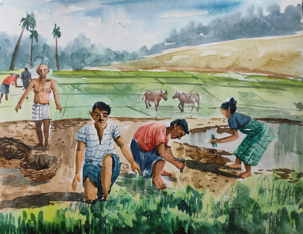 Farmers (ART_7901_75667) - Handpainted Art Painting - 13in X 11in