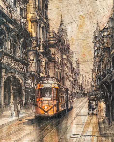 Kolkata Tram At Dusk_2 Digital Canvas Print (PRT_8658_75549) - Canvas Art Print - 12in X 18in