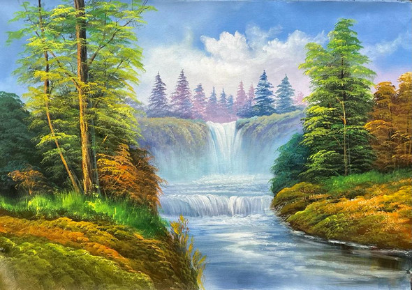 WATERFALL MOUNTAIN'S SCENERY LANDSCAPE (ART_3319_75711) - Handpainted Art Painting - 36in X 24in