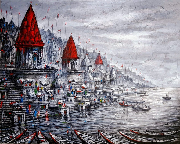 Flamboyant Ghats of Varanasi (ART_7456_75613) - Handpainted Art Painting - 30in X 24in